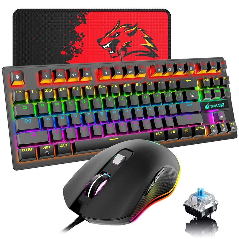 MAMBASNAKE K2 Mechanical Gaming Keyboard, Wired Mini 87 Keys Blue Switch Compact Keyboard (Blue Switch+RGB MOUSE)