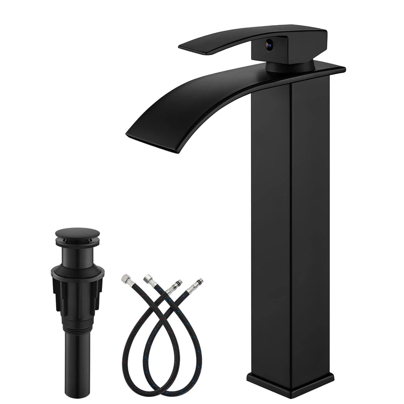 Vessel Sink Faucet Deck Mount Bathroom Matte Black Stainless Steel 304 Bowl Basin One Hole One Handle Waterfall Spout Mixer Bath Taps with Pop Up Drain