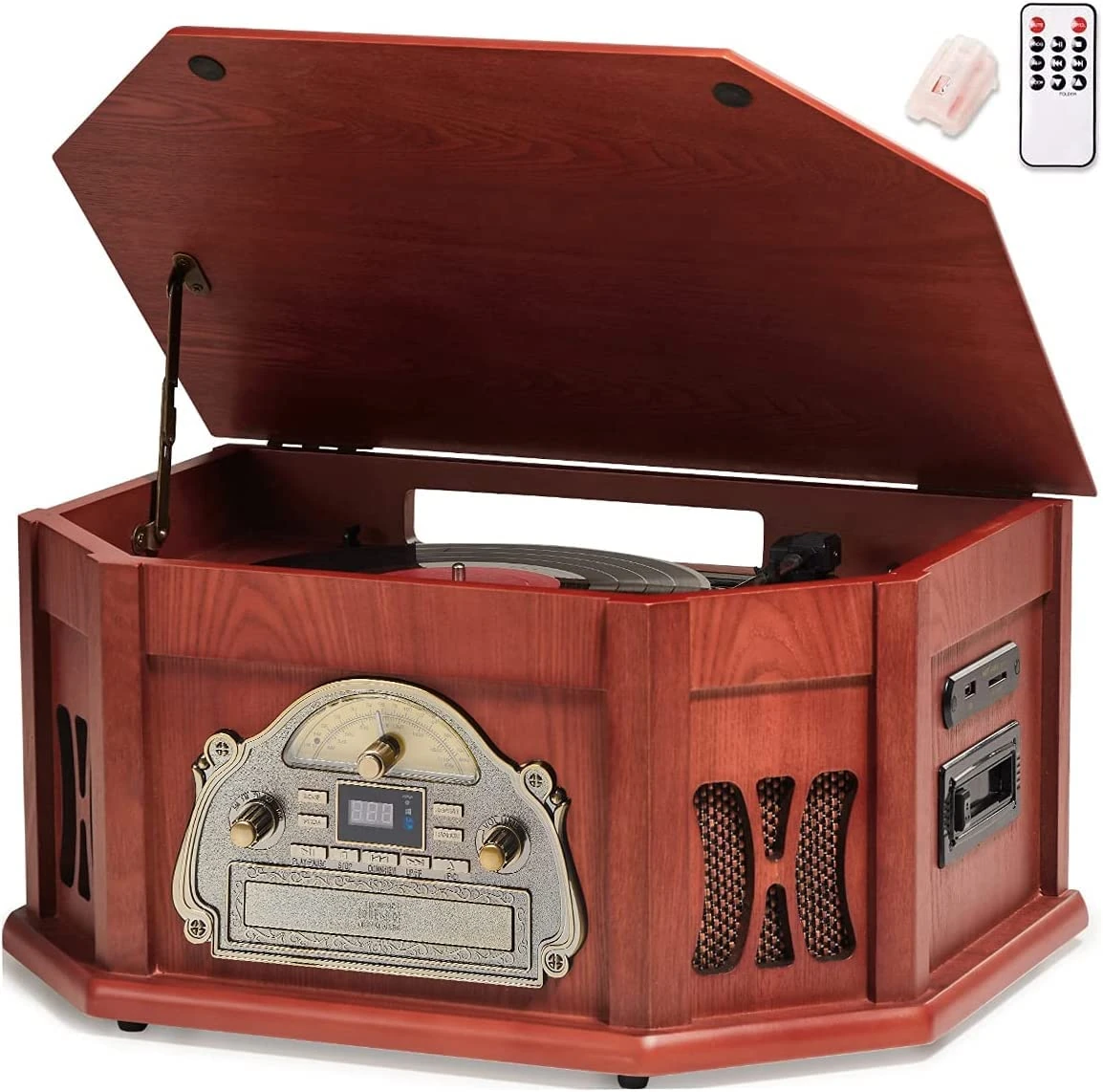 ORCC 10-in-1 Vintage Record Player, with Gift Card, Vinyl Turntable for 33/45/78 RPM, CD/USB/SD Play, Bluetooth & Remote Control, FM/AM Radio for Music Lovers, Mahogany