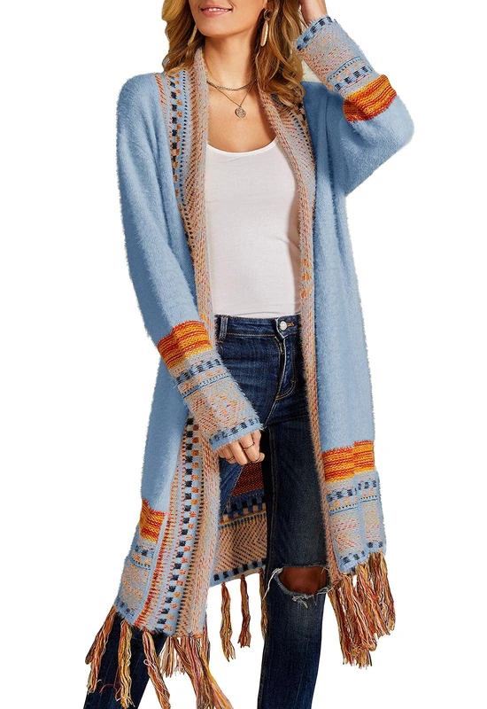 FERBIA Women's Cardigans Boho Cardigan Sweater Long Open Front Maxi Knit Sweaters Aztec Tribal Tassel Fringe Thin Coat, B-Blue, M