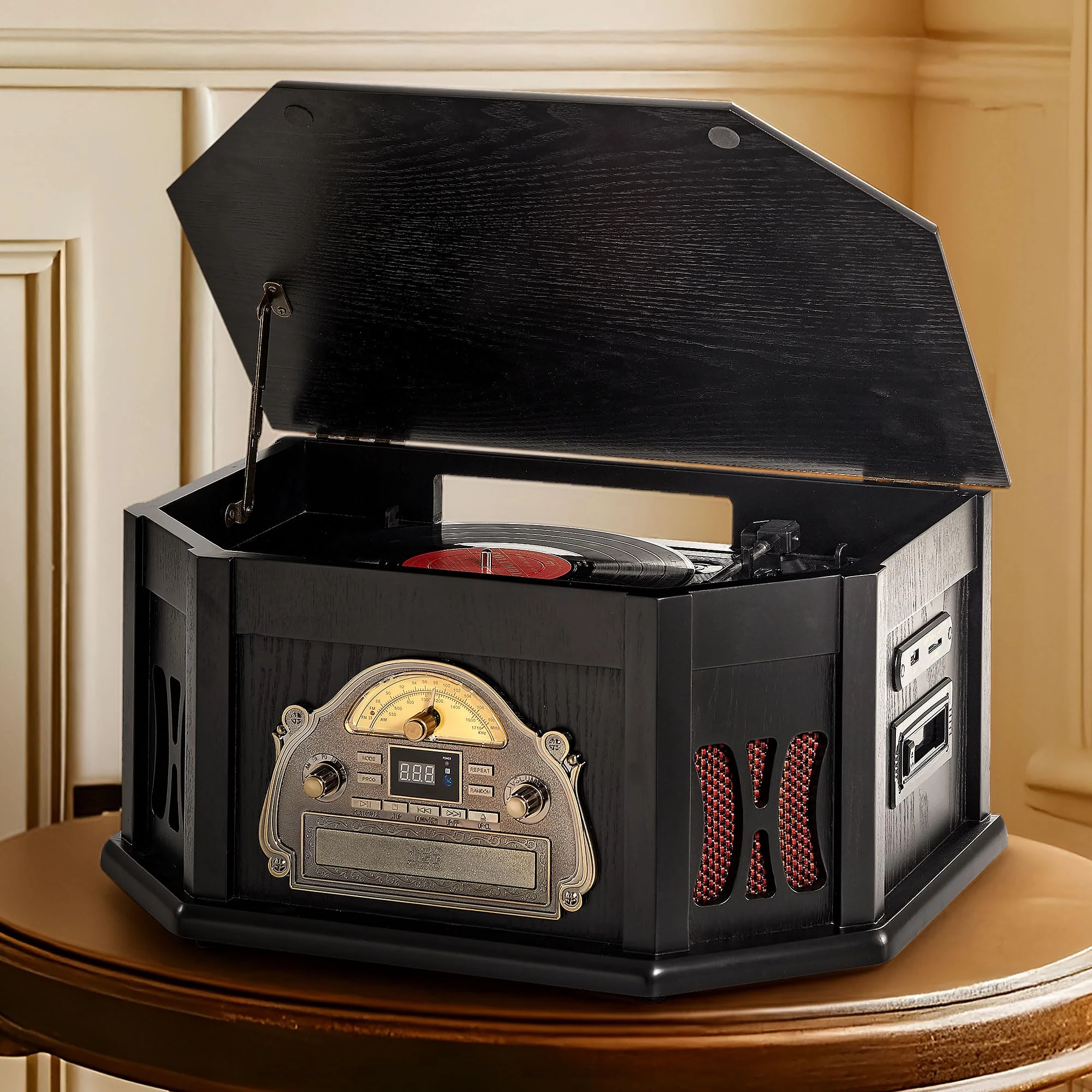 ORCC 10-in-1 Vintage Record Player, with Gift Card, Vinyl Turntable for 33/45/78 RPM, CD/USB/SD Play, Bluetooth & Remote Control, FM/AM Radio for Music Lovers, Black