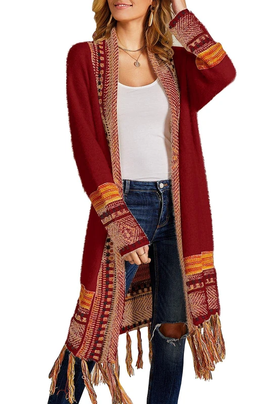 Ferbia Women Boho Cardigan Sweater Long Open Front Maxi Knit Sweaters Aztec Tribal Tassel Fringe Thin Coat, B-Wine Red, XL