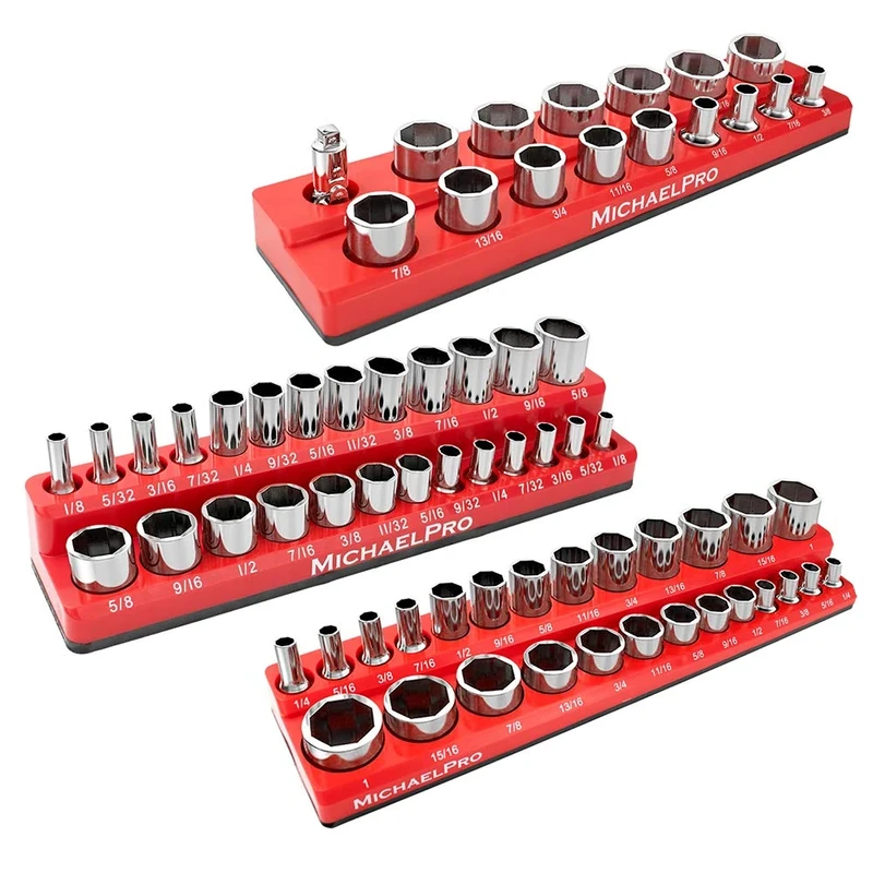 MichaelPro MP014003 Socket Spanner Rail Magnetic 3 Pieces - 1/4 inch, 3/8 inch & 1/2 inch SAE Socket Wrench Holder, Professional Quality - Socket Set Holder for Tool Boxes (SAE), Red