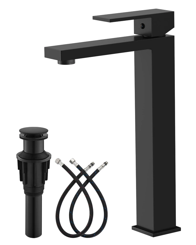 Vessel Sink Faucet Deck Mount Bathroom Matte Black Stainless Steel 304 Bowl Basin One Hole One Handle Spout Mixer Tap with Pop Up Drain