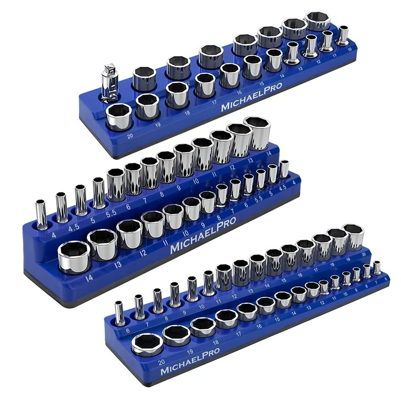 MichaelPro MP014002 3-Piece Magnetic Sockets Holder, Organiser, Storage, Rail, for 1/4, 3/8 & 1/2 Inch Metric Sockets, Blue
