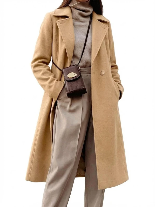 IDEALSANXUN Long Wool Coats for Women Double Breasted Vintage Fall Winter Pea Coat Jackets, Khaki, XXL