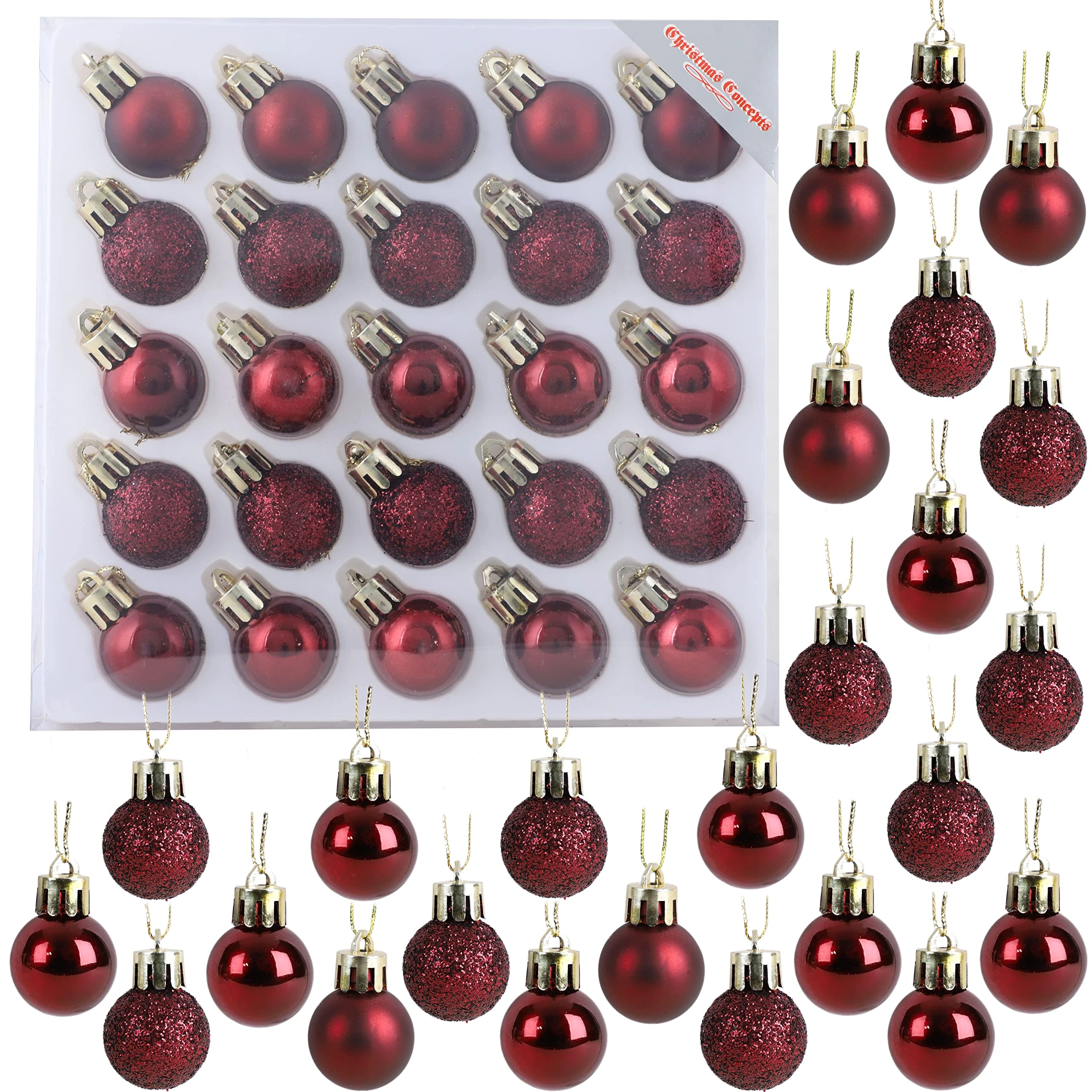 Christmas Concepts® Pack of 25-25mm, 2.5cm (1") Mini Christmas Tree Baubles - Shiny, Matte & Glitter Decorated Baubles (Rioja Red)