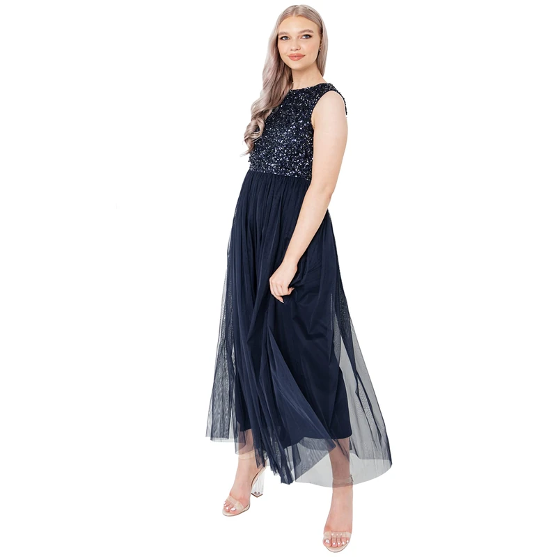 Maya Deluxe Women's Midaxi Dress Ladies Sleeveless Sequins High Empire Waist Tulle Embellished for Wedding Guest Ball Bridesmaid, Navy, 22, (PL1-11-98)