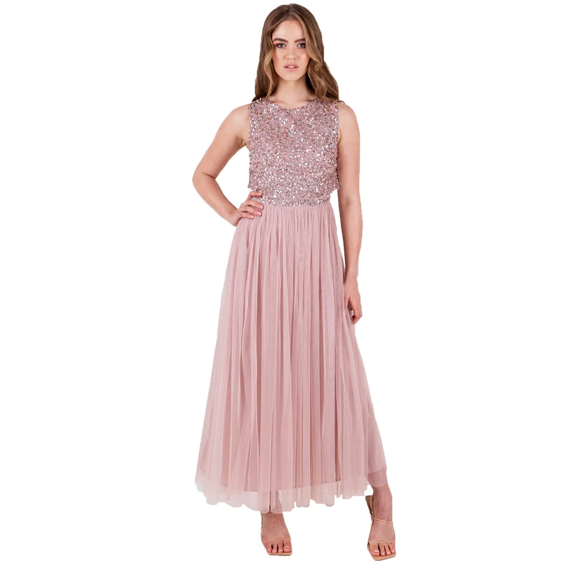 Maya Deluxe Midaxi Dress for Women Ladies Sleeveless Sequins High Empire Waist Tulle Embellished for Wedding Guest Bridesmaid Prom Ball Frosted Pink Size 8