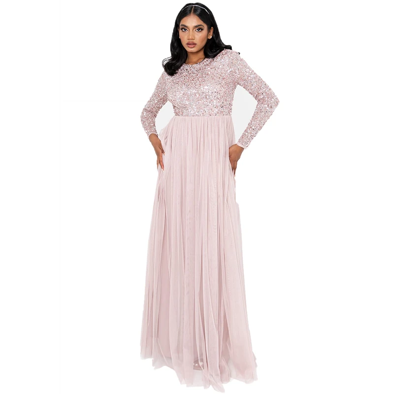 Maya Deluxe Women's Maya Embellished Long Sleeve Maxi Dress Bridesmaid Frosted Pink 26