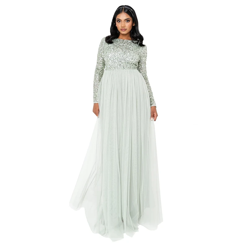 Maya Deluxe Women's Maya Embellished Long Sleeve Maxi Dress Bridesmaid Green Lily 6