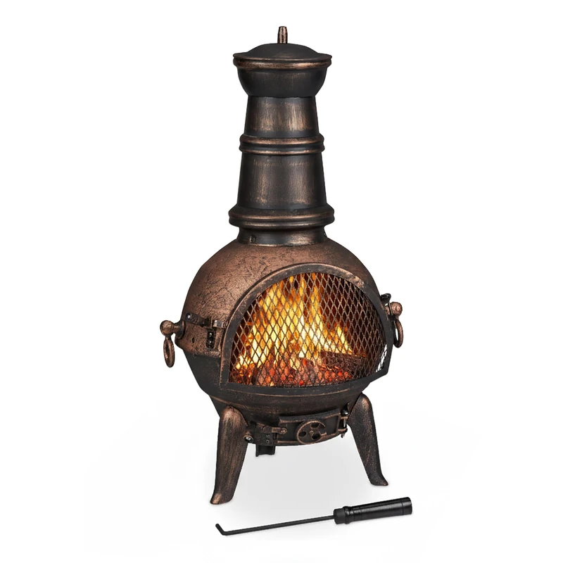 Relaxdays Terrace Oven, Outdoor Stove, Chimenea, H x W x D: 86 x 46 x 38 cm, Cast-Iron, Bronze Colour