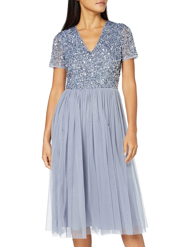 Maya Deluxe Embellished Midi Evening Dress for Women Ladies V Neckline with Short Sleeve for Prom Wedding Dusty Blue Size 26 - Image 1