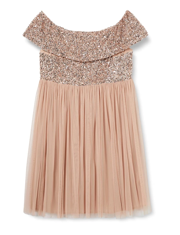 Maya Deluxe Women's Ladies Bardot Dress Midi Embellished High Empire Waist Sleeveless Tulle for Wedding Guest Prom Graduation Bridesmaid, Taupe Blush, 20 - Image 1