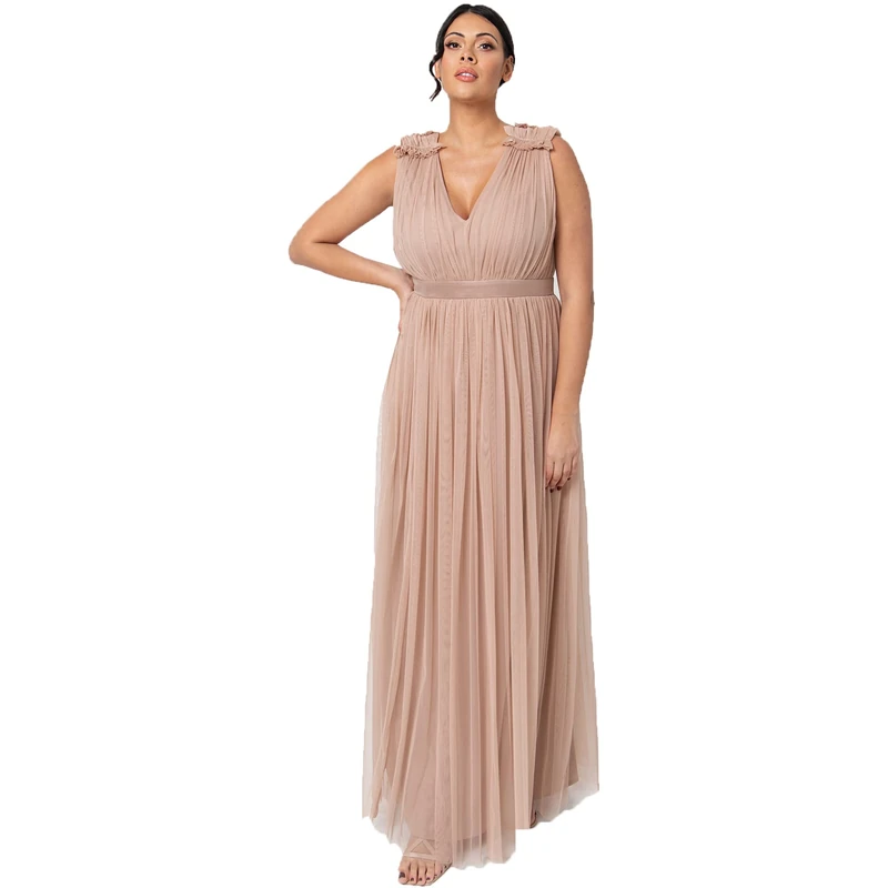 Maya Deluxe Women's Ladies Maxi Dress with Ruffle V Neck Sleeveless High Empire Waist Long for Prom Guest Wedding Bridesmaid, Taupe Blush, 18