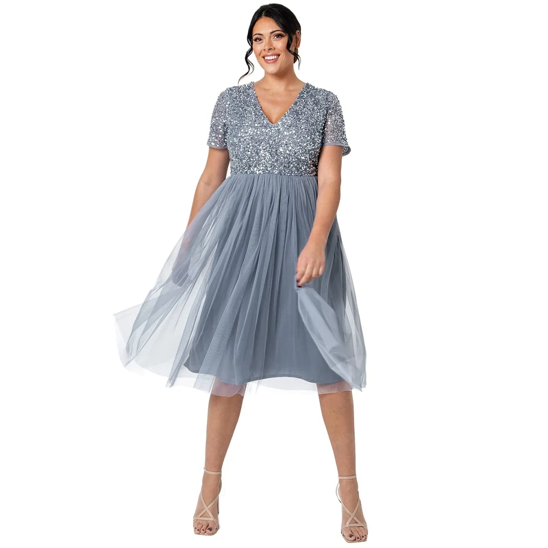 Maya Deluxe Women's Embellished Midi Evening Dress Ladies V Neckline with Short Sleeve for Prom Wedding Bridesmaid, Dusty Blue, 20 Plus