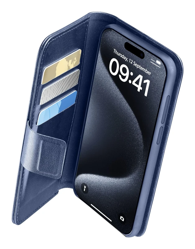 cellularline - Book Agenda - iPhone 15 Pro - Elegance and Functionality in One Solution - with Integrated Microban Antibacterial Technology - Blue - Image 1