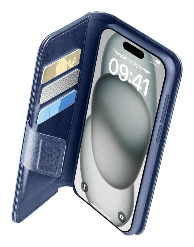 cellularline - Book Agenda - iPhone 15 - Elegance and Functionality in One Solution - with Integrated Microban Antibacterial Technology - Blue