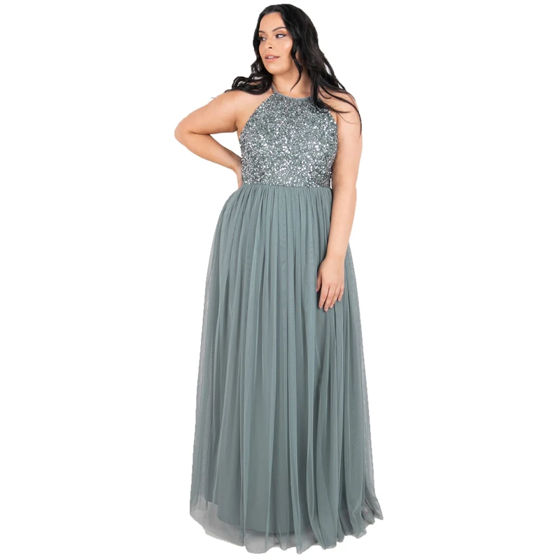 Maya Deluxe Women's Ladies Bridesmaid Maxi Dress Halter Neck Sequin Embellished Prom Graduation Wedding, Misty Green, 16