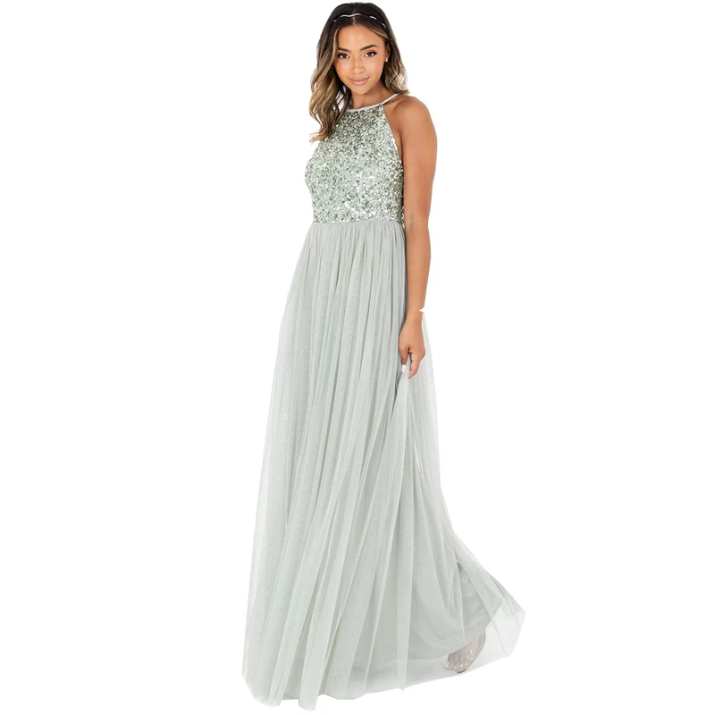 Maya Deluxe Women's Green Lily Embellished Halter Neck Maxi Bridesmaid Dress, Green Lily, 18 Plus UK