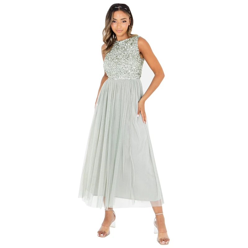 Maya Deluxe Women's Maya Deluxe Green Lily Embellished Midaxi Bridesmaid Dress, Green Lily, 24 Plus UK
