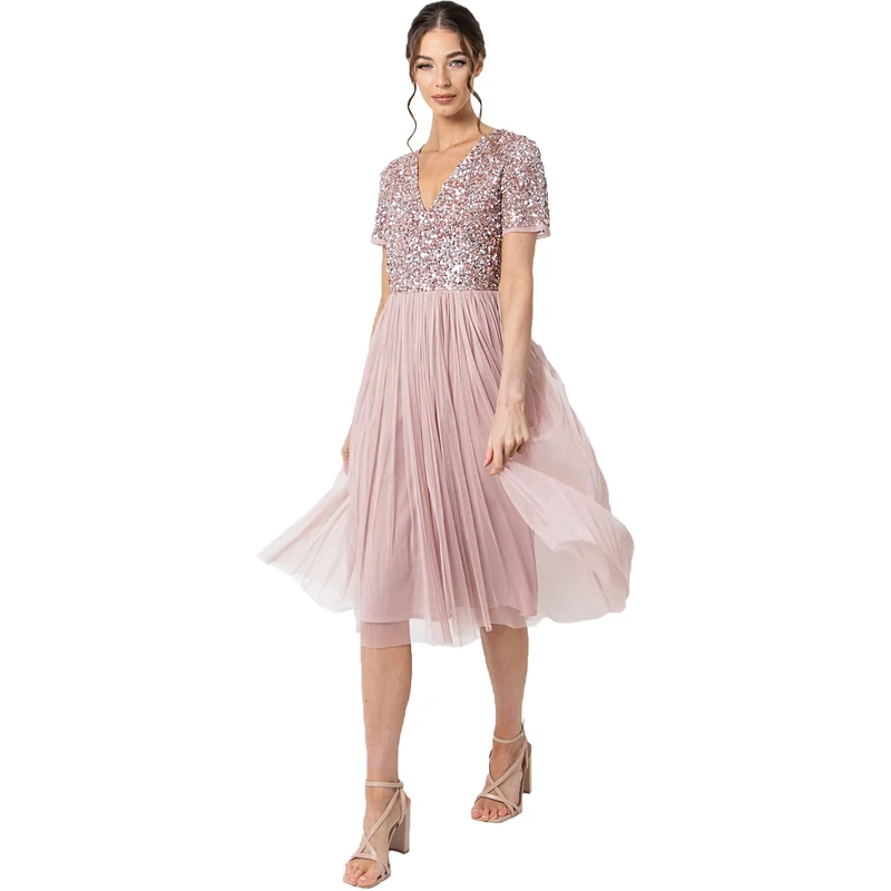 Maya Deluxe Embellished Midi Evening Dress for Women Ladies V Neckline with Short Sleeve for Prom Wedding Frosted Pink Size 14