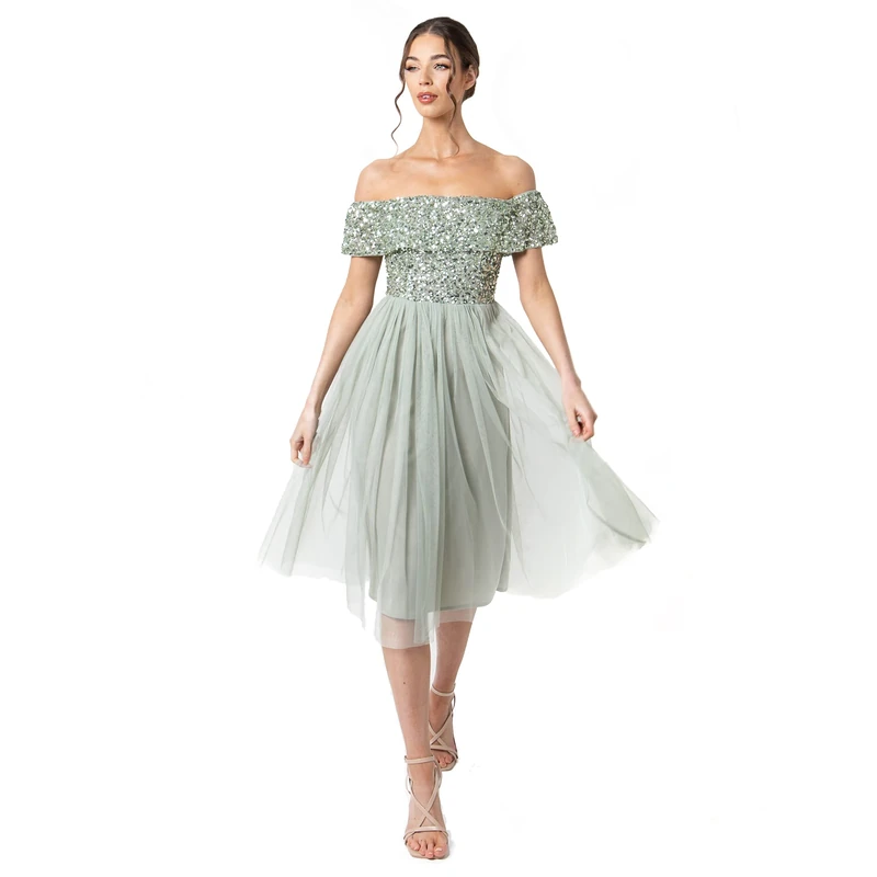 Maya Deluxe Women's Ladies Bardot Dresses Midi High Empire Waist Sequins Embellished Formal Evening for Wedding Guest Bridesmaid, Green Lily, 14