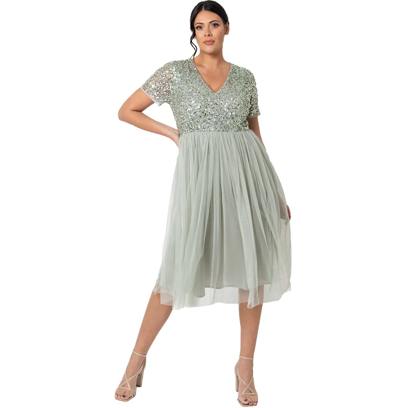 Maya Deluxe Women's Green Lily V Neckline Embellished Midi Bridesmaid Dress, Green Lily, 26 Plus UK