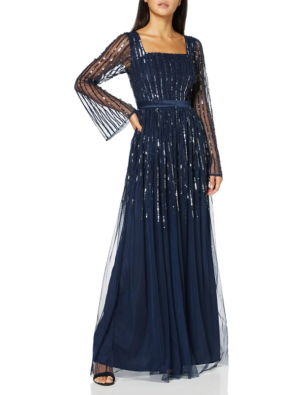 Maya Deluxe Women's Square Neck Embellished Maxi Dress Bridesmaid, Navy, 6