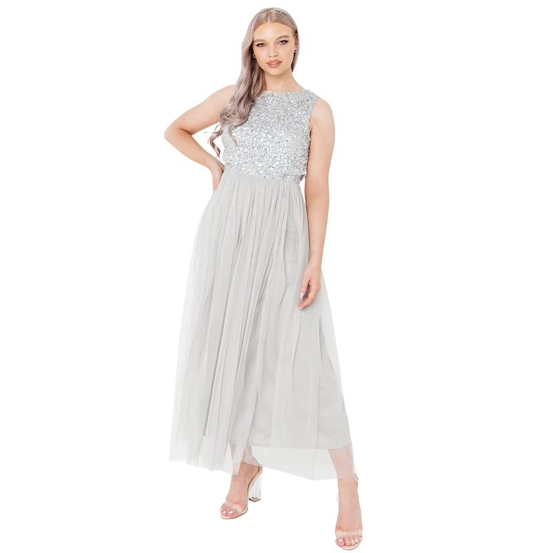Maya Deluxe Midaxi Dress for Women Ladies Sleeveless Sequins High Empire Waist Tulle Embellished for Wedding Guest Bridesmaid Prom Ball Soft Grey Size 22