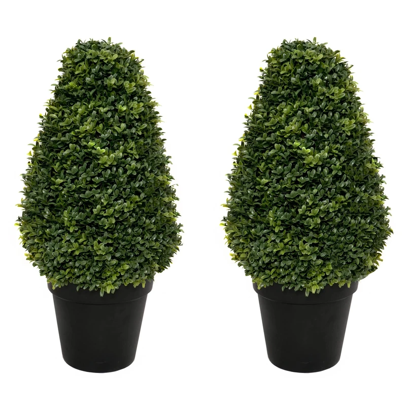 GreenBrokers 2 x Artificial Premium Quality Topiary Boxwood Cone Shaped Plants in Black Pots for Indoor Outdoor Decor, UV Stable (20in/70cm)
