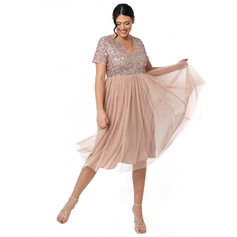 Maya Deluxe Embellished Midi Evening Dress for Women Ladies V Neckline with Short Sleeve for Prom Wedding Taupe Blush Size 8