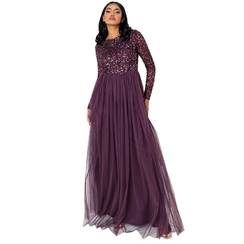 Maya Deluxe Women's Maya Embellished Long Sleeve Maxi Dress Bridesmaid Berry 16