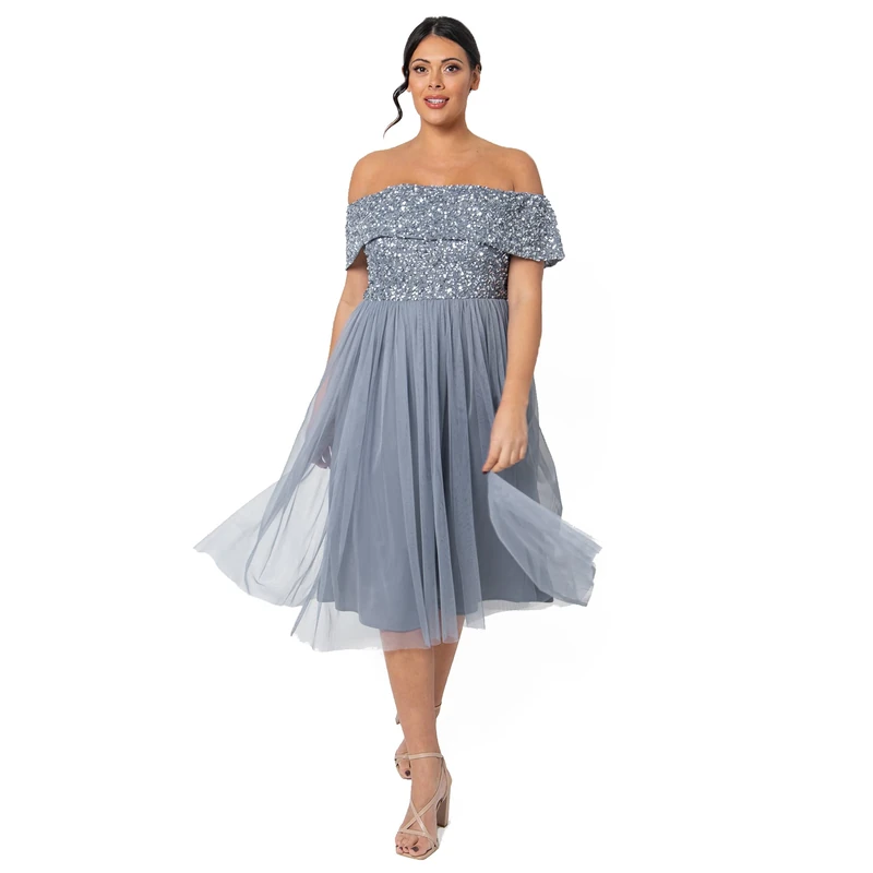 Maya Deluxe Women's Ladies Bardot Dresses Midi High Empire Waist Sequins Embellished Formal Evening for Wedding Guest Bridesmaid, Dusty Blue, 10 - Image 1
