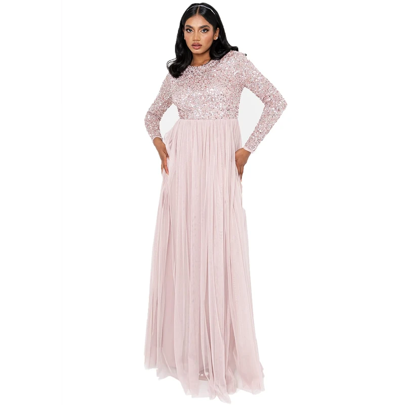 Maya Deluxe Women's Maya Embellished Long Sleeve Maxi Dress Bridesmaid Frosted Pink 14
