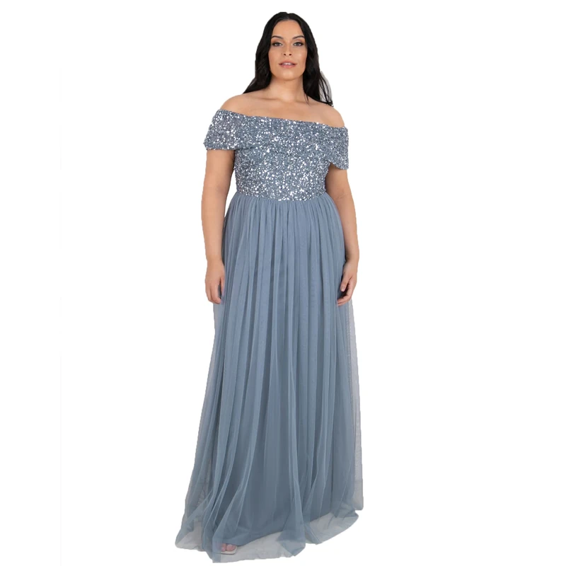 Maya Deluxe Women's Ladies Bardot Dress Maxi Embellished Hight Empire Waist Sleeveless Tulle for Wedding Guest Prom Graduation Bridesmaid, Dusty Blue, 20
