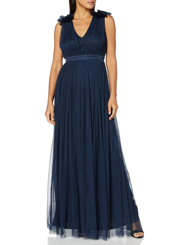 Maya Deluxe Women's Ladies Maxi Dress with Ruffle V Neck Sleeveless High Empire Waist Long for Prom Guest Wedding Bridesmaid, Navy, 8