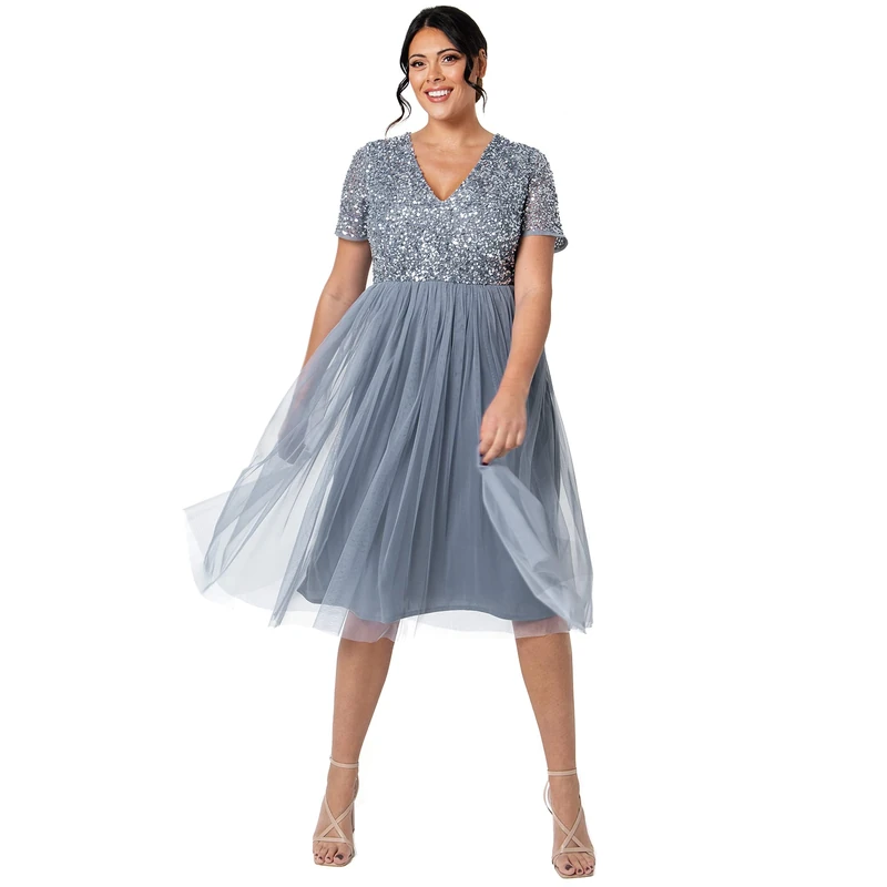 Maya Deluxe Embellished Midi Evening Dress for Women Ladies V Neckline with Short Sleeve for Prom Wedding Dusty Blue Size 24