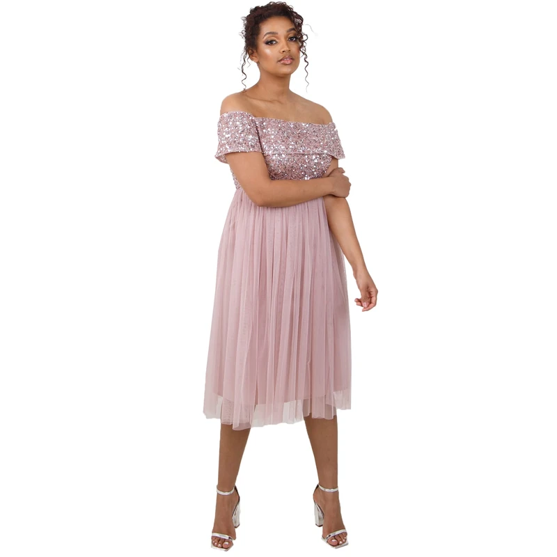Maya Deluxe Women's Ladies Bardot Dresses Midi High Empire Waist Sequins Embellished Formal Evening for Wedding Guest Bridesmaid, Frosted Pink, 12