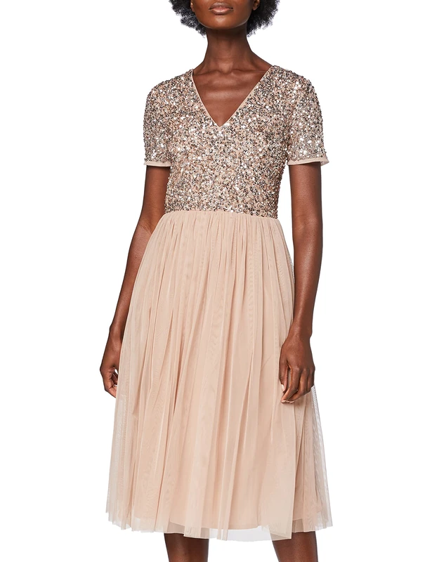 Maya Deluxe Embellished Midi Evening Dress for Women Ladies V Neckline with Short Sleeve for Prom Wedding Taupe Blush Size 6
