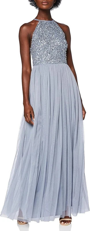Maya Deluxe Women's Ladies Bridesmaid Maxi Dress Halter Neck Sequin Embellished Prom Graduation Wedding, Dusty Blue, 26