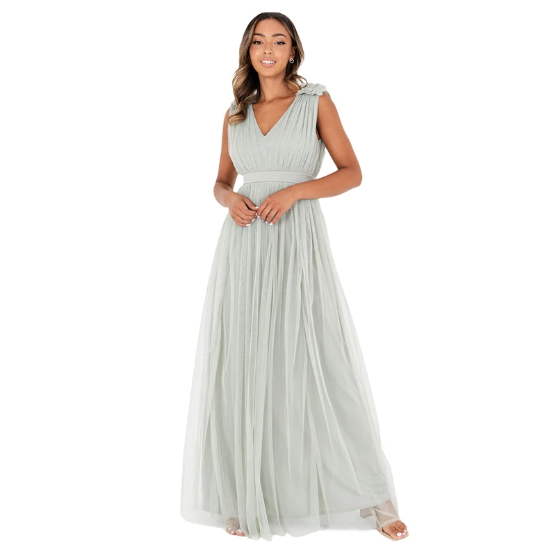Maya Deluxe Women's Ladies Maxi Dress with Ruffle V Neck Sleeveless High Empire Waist Long for Prom Guest Wedding Bridesmaid, Green Lily, 14