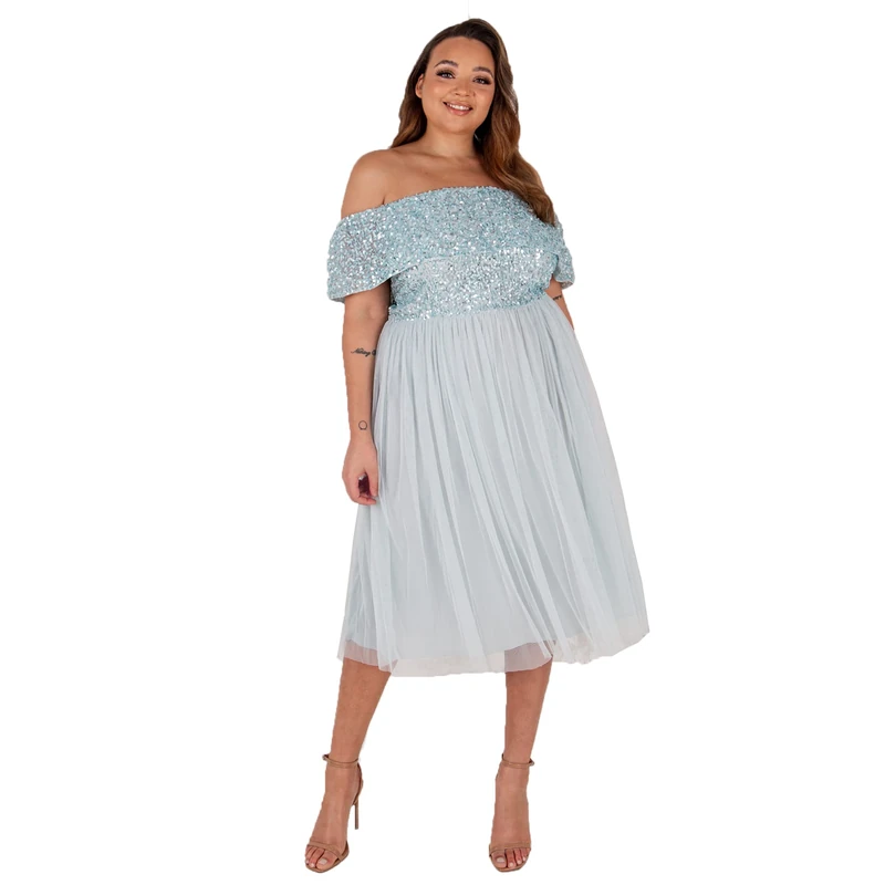 Maya Deluxe Women's Ladies Bardot Dresses Midi High Empire Waist Sequins Embellished Formal Evening for Wedding Guest Bridesmaid, Ice Blue, 24