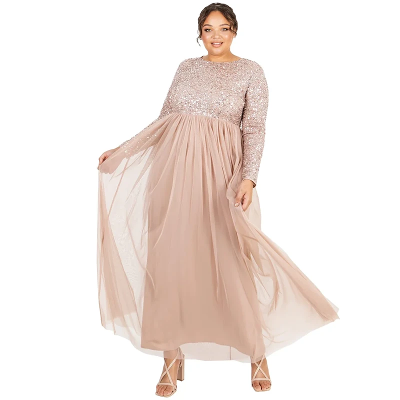Maya Deluxe Women's Maya Deluxe Taupe Blush Embellished Long Sleeve Maxi Bridesmaid Dress, Taupe Blush, 18 UK