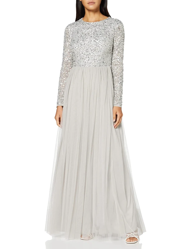 Maya Deluxe Women's Maya Embellished Long Sleeve Maxi Dress Bridesmaid Soft Grey 24