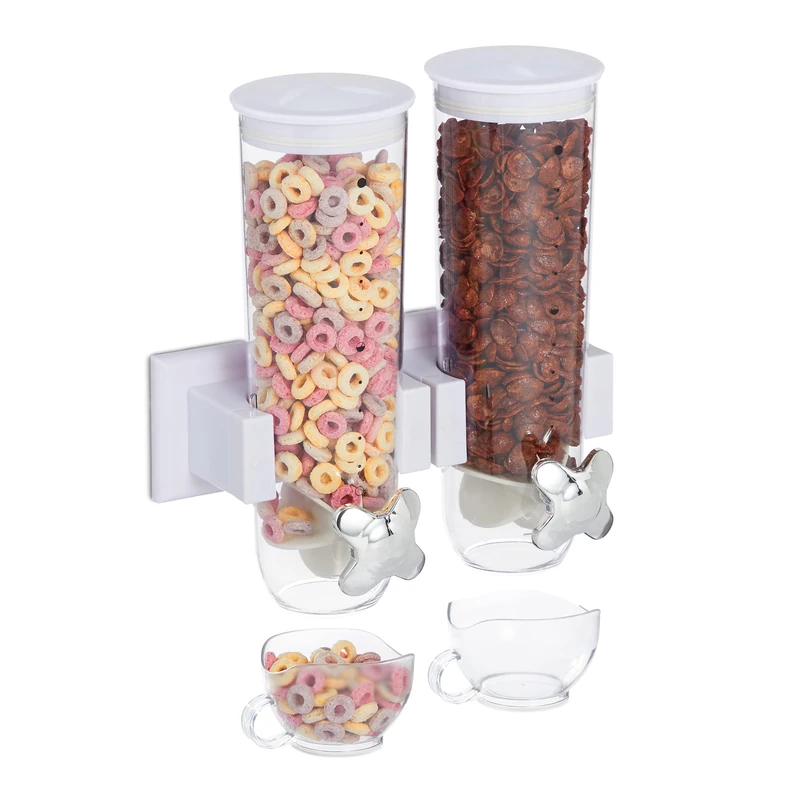 Relaxdays double cereal dispenser, wall mount, cornflake holder, nut spender, 2 containers, made of plastic, in white - Image 1