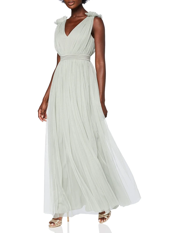 Maya Deluxe Women's Ladies Maxi Dress with Ruffle V Neck Sleeveless High Empire Waist Long for Prom Guest Wedding Bridesmaid, Sage Green, 14