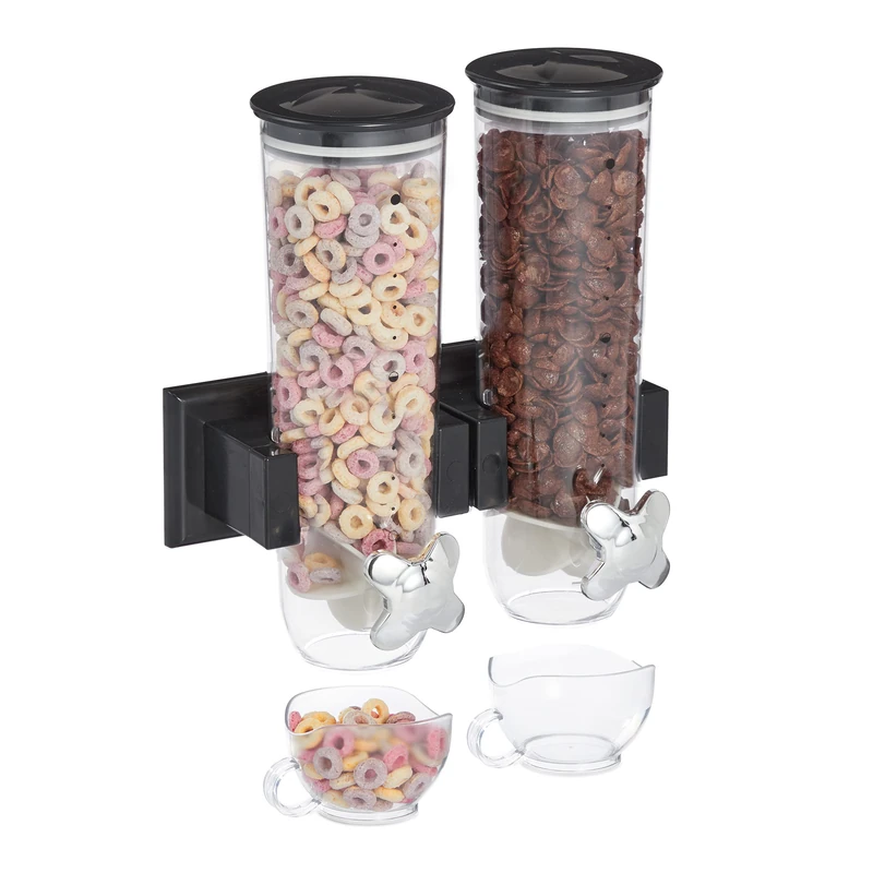 Relaxdays double cereal dispenser, wall mount, cornflake holder, nut spender, 2 containers, made of plastic, in black