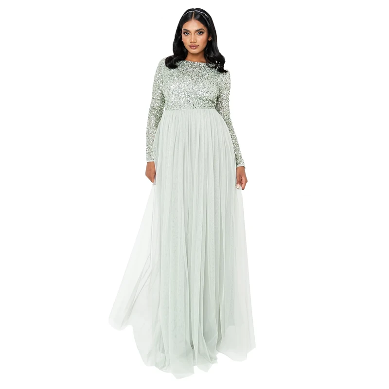 Maya Deluxe Women's Maya Embellished Long Sleeve Maxi Dress Bridesmaid Green Lily 10