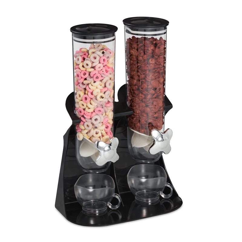 Relaxdays Cereal Dispenser Double Cereal Dispenser for Cereal, Cornflakes, Candy Snack Dispenser, Plastic, Black, Pack of 1